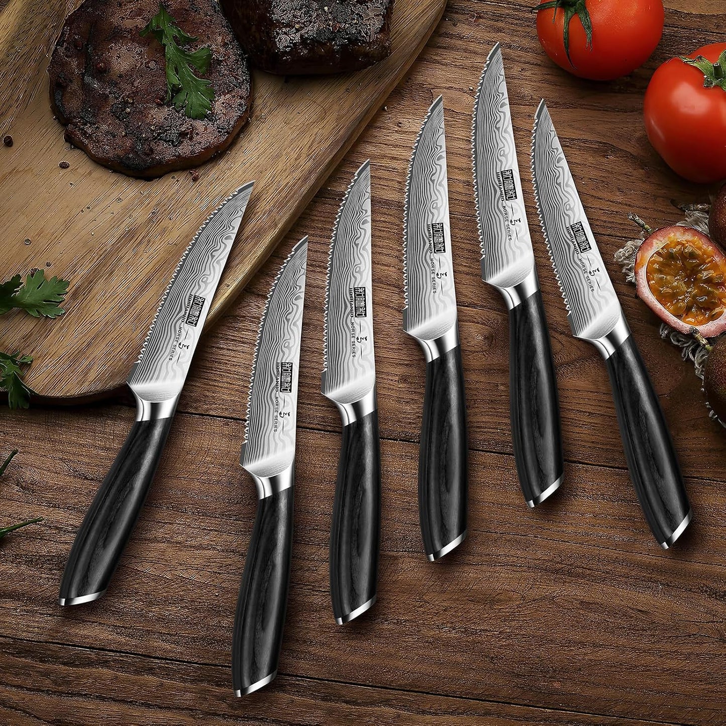 Steak Knives Set of 6, 4.5 Inch Japanese Serrated Steak Knife Set | Ultra Sharp High Carbon Powder Steel Steak Knife, Effortless Cutting Dinner Knives with Pakkawood Handle, Cooking Gifts