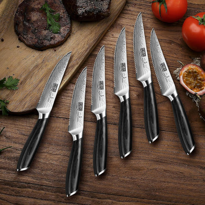 Steak Knives Set of 6, 4.5 Inch Japanese Serrated Steak Knife Set | Ultra Sharp High Carbon Powder Steel Steak Knife, Effortless Cutting Dinner Knives with Pakkawood Handle, Cooking Gifts
