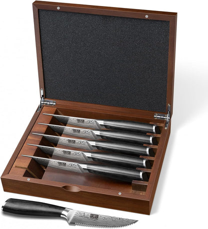 Steak Knives Set of 6, 4.5 Inch Japanese Serrated Steak Knife Set | Ultra Sharp High Carbon Powder Steel Steak Knife, Effortless Cutting Dinner Knives with Pakkawood Handle, Cooking Gifts