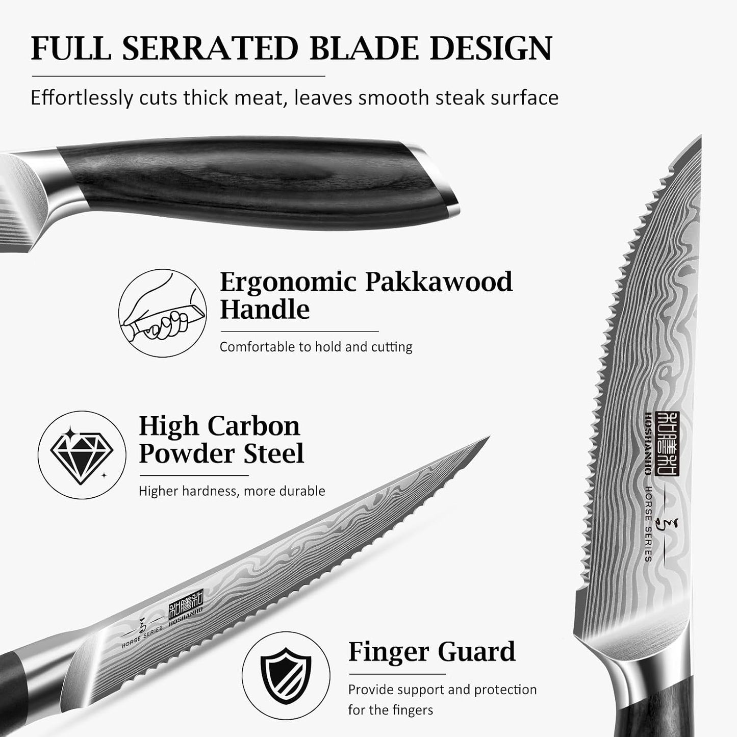 Steak Knives Set of 6, 4.5 Inch Japanese Serrated Steak Knife Set | Ultra Sharp High Carbon Powder Steel Steak Knife, Effortless Cutting Dinner Knives with Pakkawood Handle, Cooking Gifts