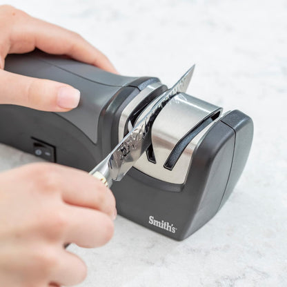 Smith's 50005 Edge Pro Compact Electric Knife Sharpener - Yellow & Grey - Straight Edge 2 Stage Sharpener - Electric & Manual Sharpening - Blade Guide - Outdoor & Kitchen - Pocket & Filet Knives