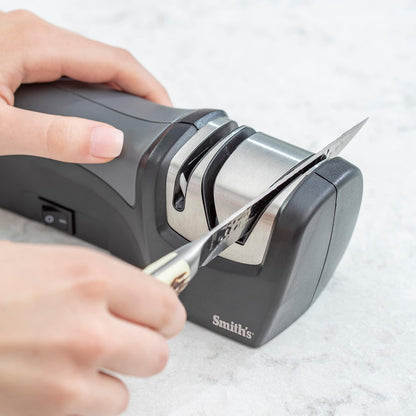 Smith's 50005 Edge Pro Compact Electric Knife Sharpener - Yellow & Grey - Straight Edge 2 Stage Sharpener - Electric & Manual Sharpening - Blade Guide - Outdoor & Kitchen - Pocket & Filet Knives