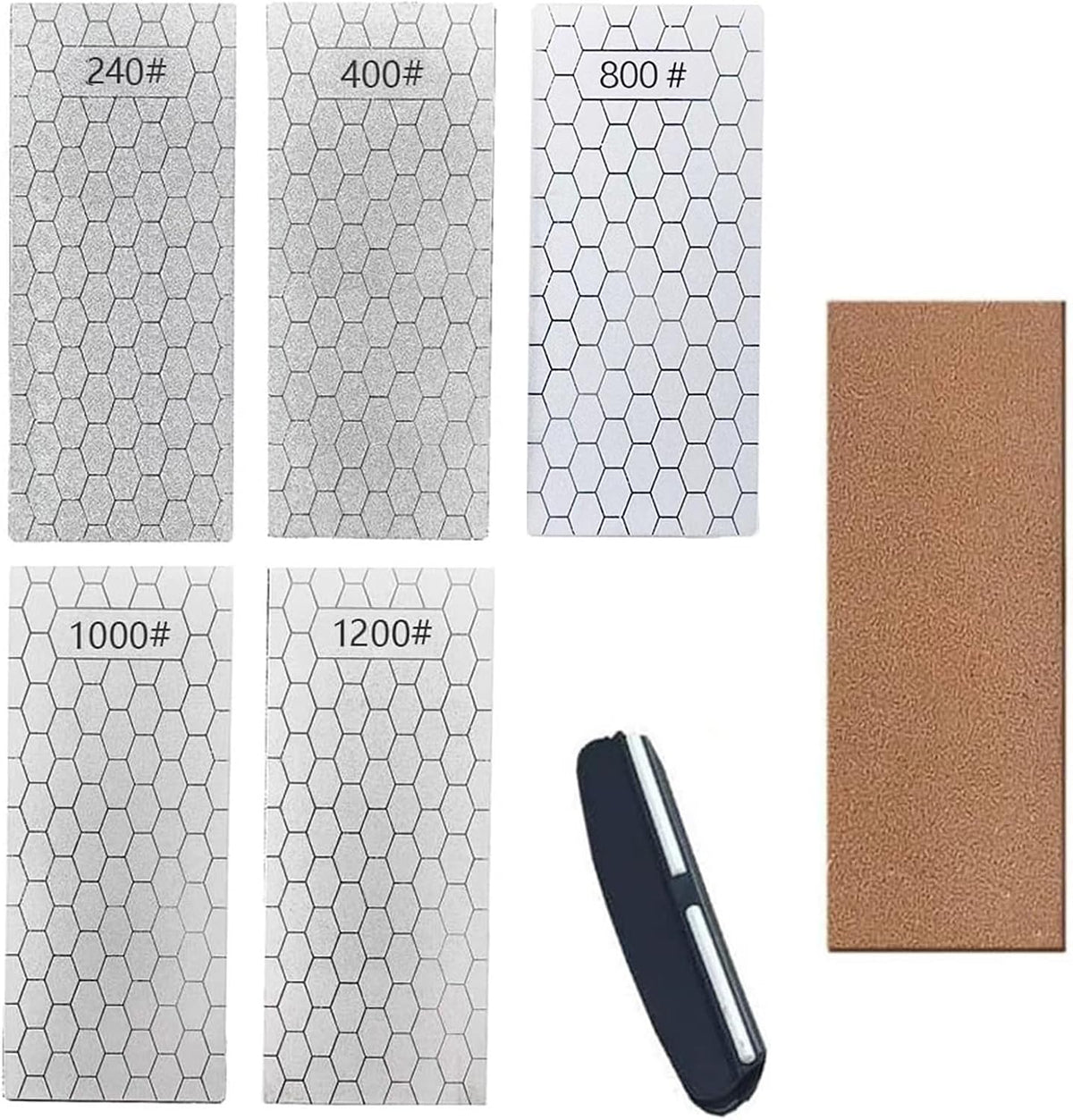 Diamond Sharpening Stone, Knife Sharpener Stone Whetstone Honeycomb Surface Plate with Non-slip Base for Pocket Knives Scissors (240/400/800/1000/1200 Grit, with Angle Guide and Leather)