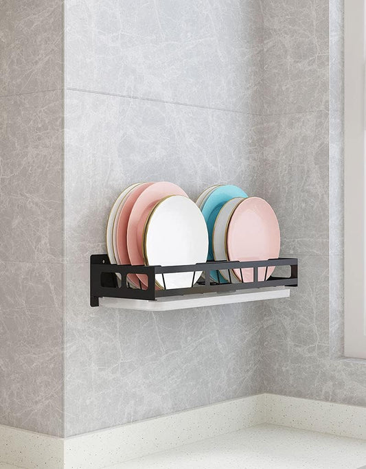 Kitchen Wall-Mounted Plate Storage Rack With Drying Tray - Dish Rack - Display Shelf - Wall Hanging Holder (Black)