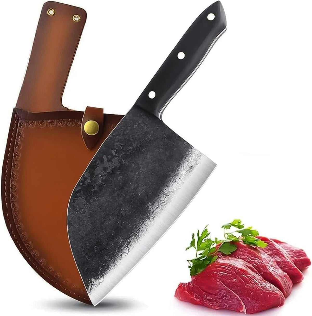 Forging Serbian Chef Knife Kitchen Chef Knives Full Tang High Carbon Clad Steel Almasi Butcher Cleaver with Leather Sheath Thanksgiving Gifts for Men Women (B-Almasi Knife)