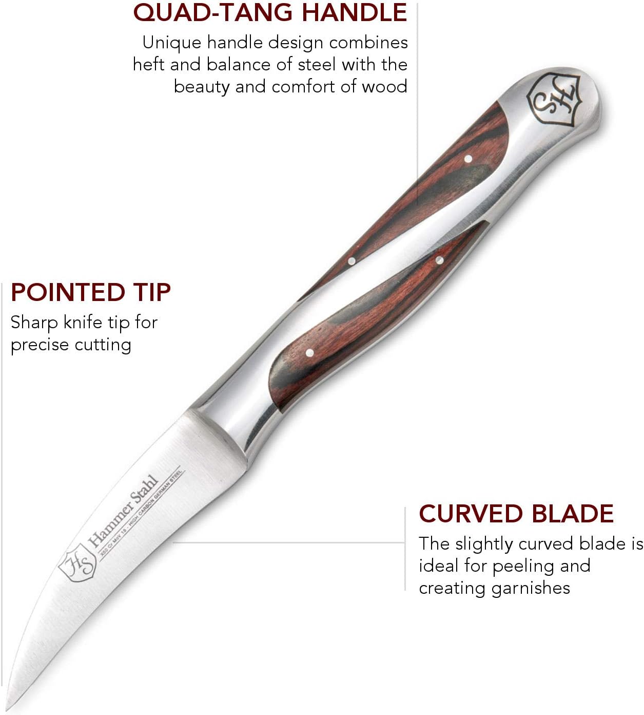 Bird's Beak Paring Knife - German High Carbon Steel - Sharp Small Kitchen Knife for Vegetables and Fruits - Ergonomic Quad-Tang Pakkawood Handle
