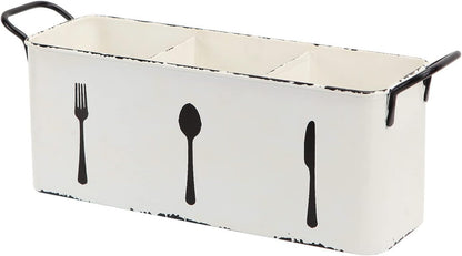 Farmhouse Utensil Holder for Countertop, Flatware Cutlery Caddy Silverware Holder Spoons Knives Forks Organizer Kitchen Decor - Distressed White