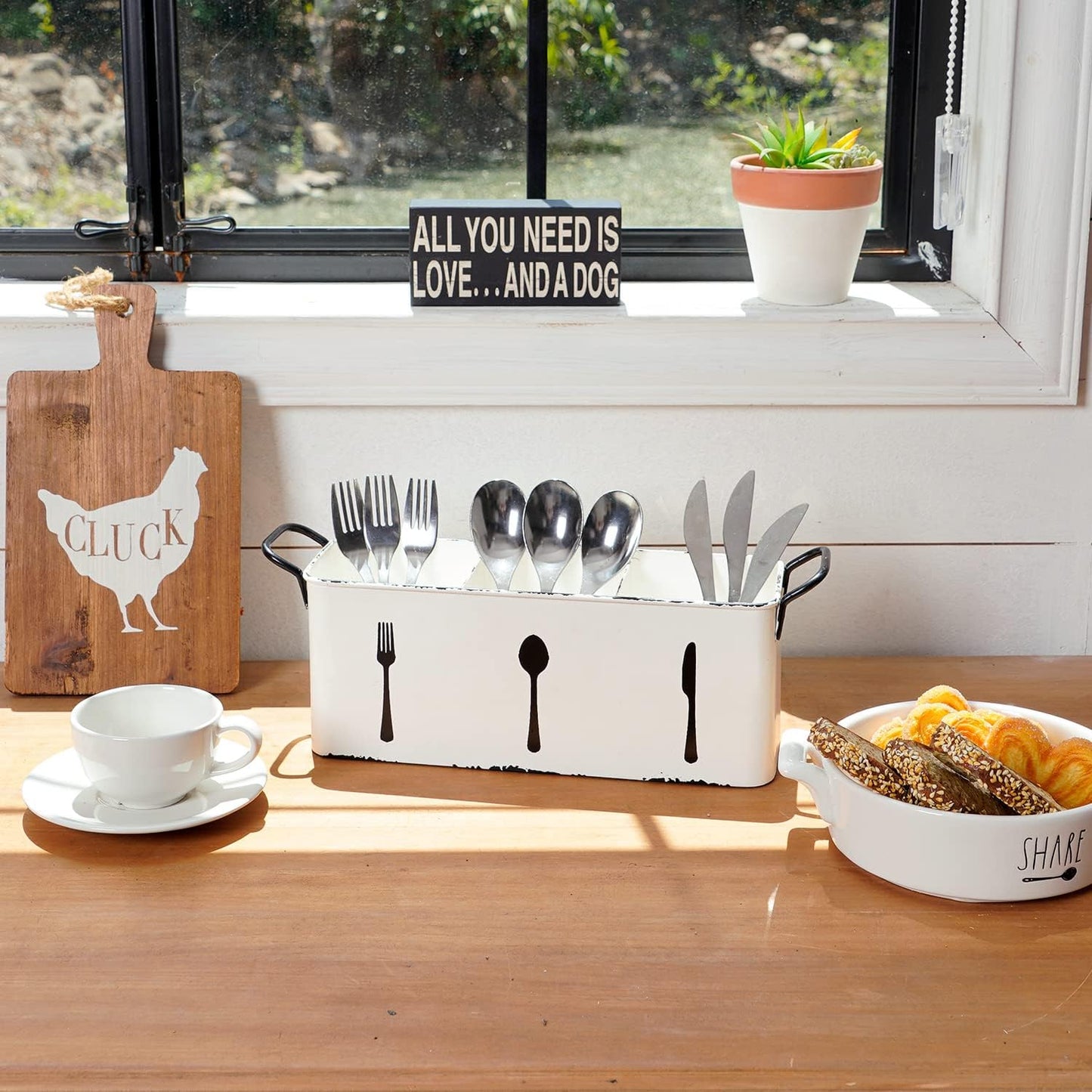Farmhouse Utensil Holder for Countertop, Flatware Cutlery Caddy Silverware Holder Spoons Knives Forks Organizer Kitchen Decor - Distressed White