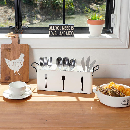 Farmhouse Utensil Holder for Countertop, Flatware Cutlery Caddy Silverware Holder Spoons Knives Forks Organizer Kitchen Decor - Distressed White