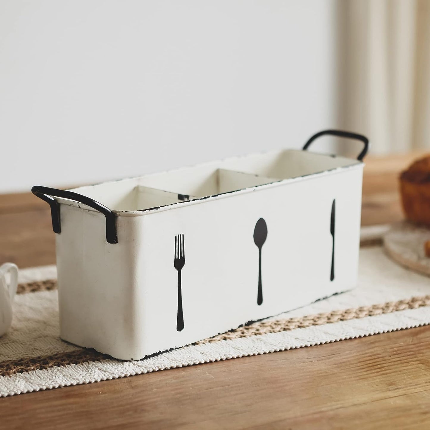 Farmhouse Utensil Holder for Countertop, Flatware Cutlery Caddy Silverware Holder Spoons Knives Forks Organizer Kitchen Decor - Distressed White