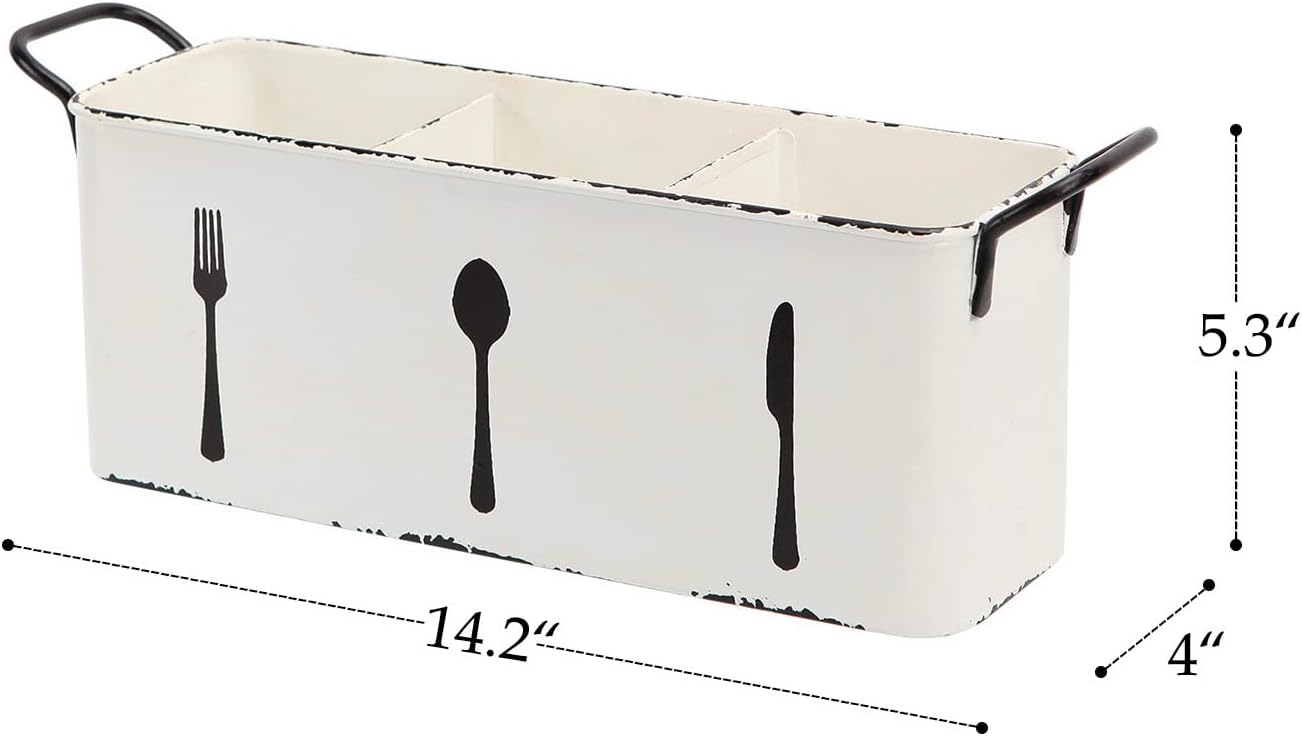 Farmhouse Utensil Holder for Countertop, Flatware Cutlery Caddy Silverware Holder Spoons Knives Forks Organizer Kitchen Decor - Distressed White