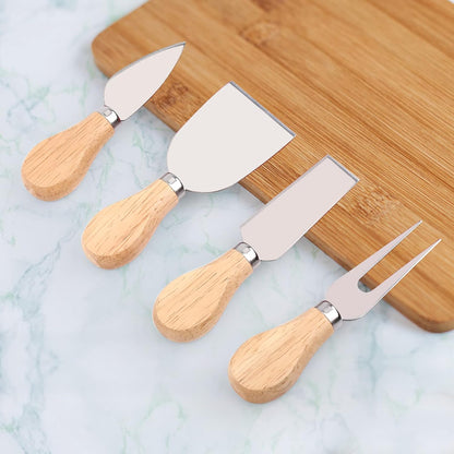 4 PCS Cheese Knife Set for Charcuterie Board, Wood Handle Stainless Steel Cheese Slicer & Cutter Utensils with Mini Knife, Butter Knife, Fork