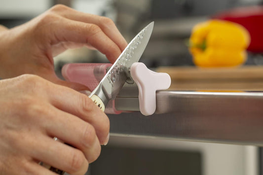 Smith’ 51134 Slide Sharp Edge Grip 2-Slot Sharpener - Pink - Compact - Non-Slip Base - Patented V Grip - Straight Edge & Serrated Blades - Carbide & Ceramic Sharpeners