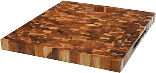 Teak End Grain Cutting Board 17"x18", FSC Teakwood Butcher Block with Juice Groove, Waste Chute & Handles, Solid Wood Cutting Board for Kitchen, Carving & Stove-Top Prep