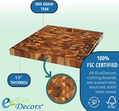Teak End Grain Cutting Board 17"x18", FSC Teakwood Butcher Block with Juice Groove, Waste Chute & Handles, Solid Wood Cutting Board for Kitchen, Carving & Stove-Top Prep