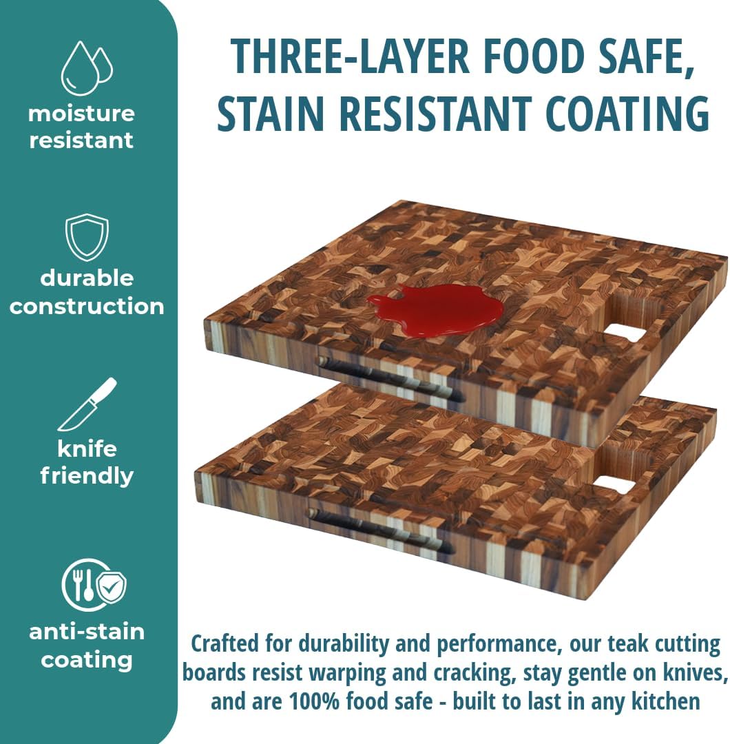Teak End Grain Cutting Board 17"x18", FSC Teakwood Butcher Block with Juice Groove, Waste Chute & Handles, Solid Wood Cutting Board for Kitchen, Carving & Stove-Top Prep