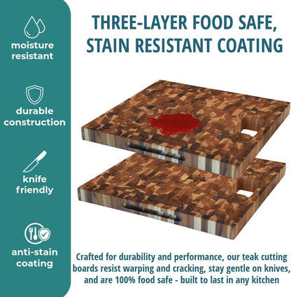 Teak End Grain Cutting Board 17"x18", FSC Teakwood Butcher Block with Juice Groove, Waste Chute & Handles, Solid Wood Cutting Board for Kitchen, Carving & Stove-Top Prep