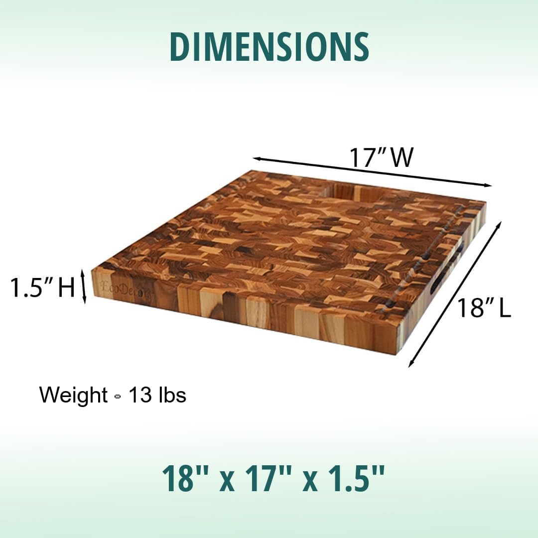 Teak End Grain Cutting Board 17"x18", FSC Teakwood Butcher Block with Juice Groove, Waste Chute & Handles, Solid Wood Cutting Board for Kitchen, Carving & Stove-Top Prep