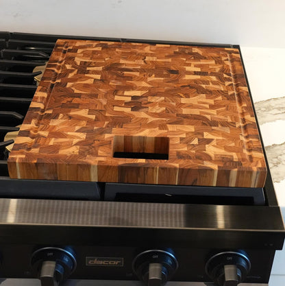 Teak End Grain Cutting Board 17"x18", FSC Teakwood Butcher Block with Juice Groove, Waste Chute & Handles, Solid Wood Cutting Board for Kitchen, Carving & Stove-Top Prep