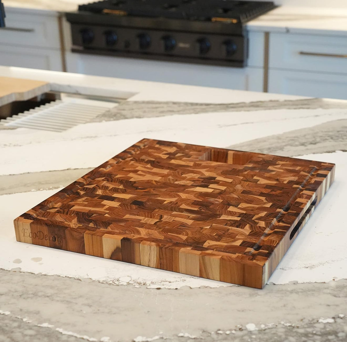 Teak End Grain Cutting Board 17"x18", FSC Teakwood Butcher Block with Juice Groove, Waste Chute & Handles, Solid Wood Cutting Board for Kitchen, Carving & Stove-Top Prep