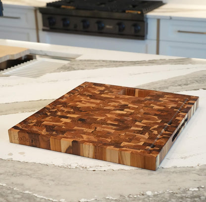 Teak End Grain Cutting Board 17"x18", FSC Teakwood Butcher Block with Juice Groove, Waste Chute & Handles, Solid Wood Cutting Board for Kitchen, Carving & Stove-Top Prep