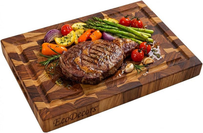 Teak End Grain Cutting Board 17"x18", FSC Teakwood Butcher Block with Juice Groove, Waste Chute & Handles, Solid Wood Cutting Board for Kitchen, Carving & Stove-Top Prep
