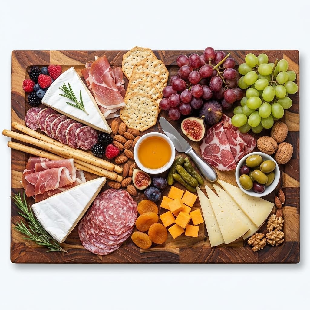 Teak End Grain Cutting Board 17"x18", FSC Teakwood Butcher Block with Juice Groove, Waste Chute & Handles, Solid Wood Cutting Board for Kitchen, Carving & Stove-Top Prep