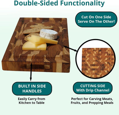 Teak End Grain Cutting Board 17"x18", FSC Teakwood Butcher Block with Juice Groove, Waste Chute & Handles, Solid Wood Cutting Board for Kitchen, Carving & Stove-Top Prep