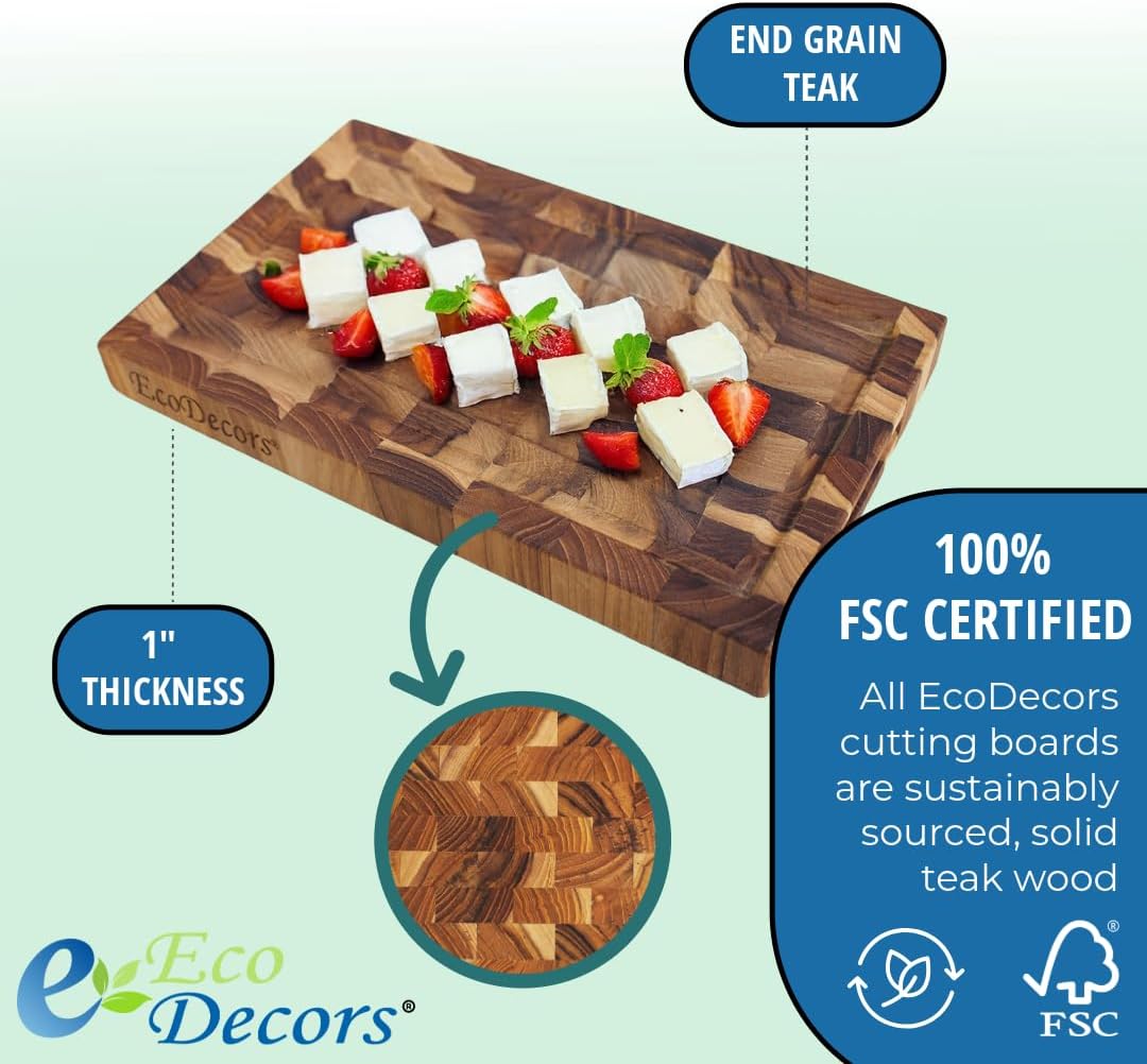 Teak End Grain Cutting Board 17"x18", FSC Teakwood Butcher Block with Juice Groove, Waste Chute & Handles, Solid Wood Cutting Board for Kitchen, Carving & Stove-Top Prep