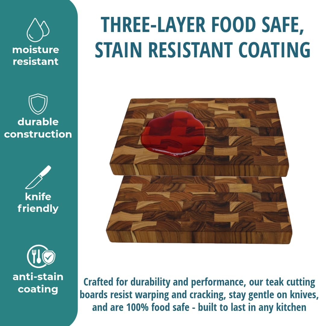 Teak End Grain Cutting Board 17"x18", FSC Teakwood Butcher Block with Juice Groove, Waste Chute & Handles, Solid Wood Cutting Board for Kitchen, Carving & Stove-Top Prep