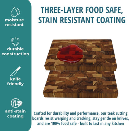 Teak End Grain Cutting Board 17"x18", FSC Teakwood Butcher Block with Juice Groove, Waste Chute & Handles, Solid Wood Cutting Board for Kitchen, Carving & Stove-Top Prep