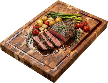 Teak End Grain Cutting Board 17"x18", FSC Teakwood Butcher Block with Juice Groove, Waste Chute & Handles, Solid Wood Cutting Board for Kitchen, Carving & Stove-Top Prep