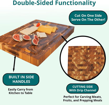 Teak End Grain Cutting Board 17"x18", FSC Teakwood Butcher Block with Juice Groove, Waste Chute & Handles, Solid Wood Cutting Board for Kitchen, Carving & Stove-Top Prep