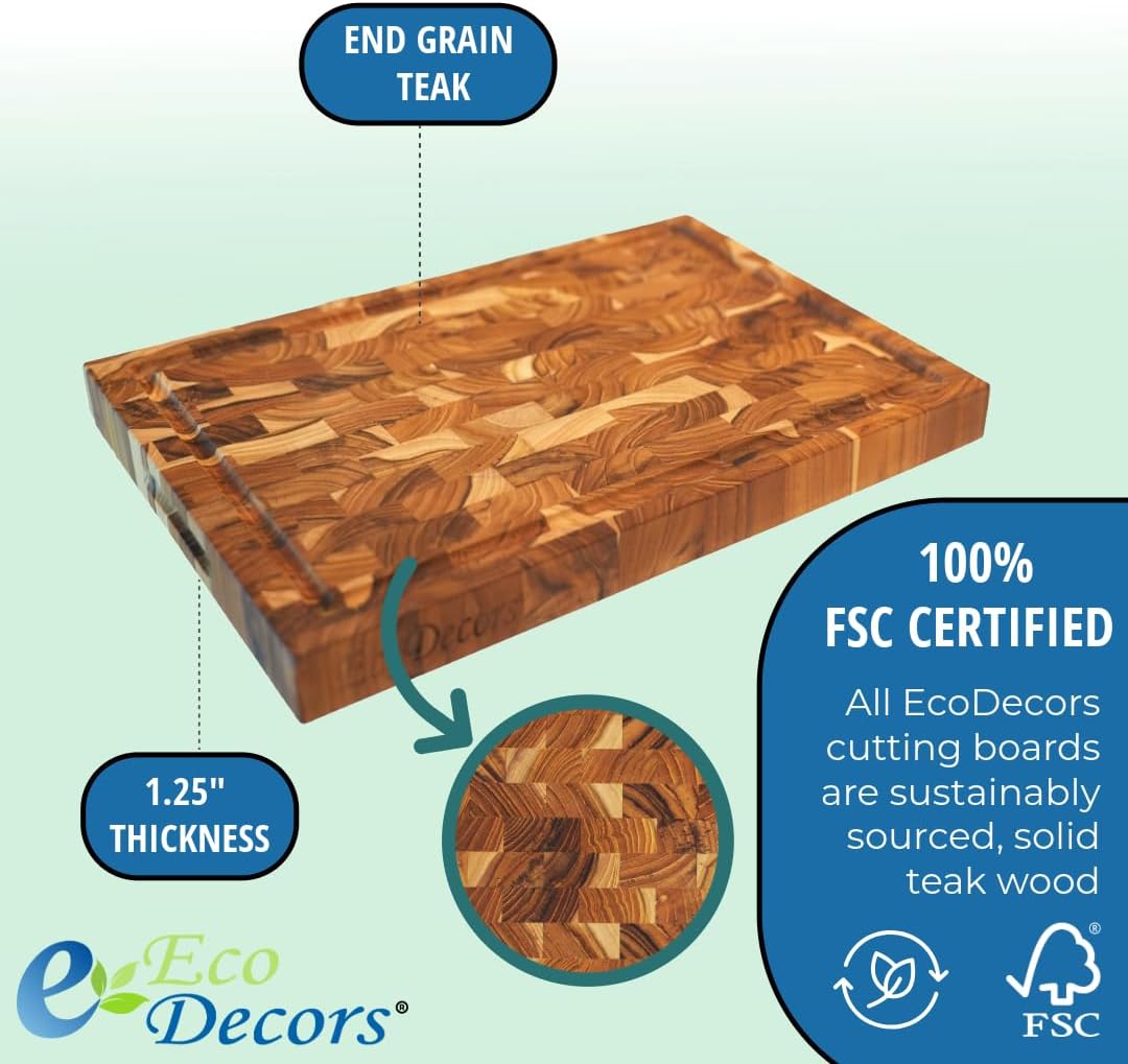 Teak End Grain Cutting Board 17"x18", FSC Teakwood Butcher Block with Juice Groove, Waste Chute & Handles, Solid Wood Cutting Board for Kitchen, Carving & Stove-Top Prep
