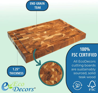 Teak End Grain Cutting Board 17"x18", FSC Teakwood Butcher Block with Juice Groove, Waste Chute & Handles, Solid Wood Cutting Board for Kitchen, Carving & Stove-Top Prep