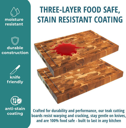Teak End Grain Cutting Board 17"x18", FSC Teakwood Butcher Block with Juice Groove, Waste Chute & Handles, Solid Wood Cutting Board for Kitchen, Carving & Stove-Top Prep