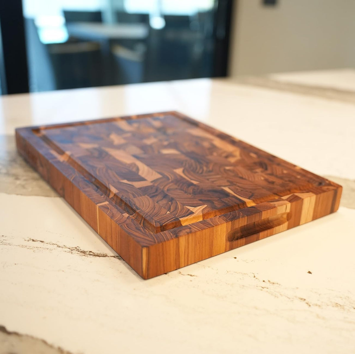 Teak End Grain Cutting Board 17"x18", FSC Teakwood Butcher Block with Juice Groove, Waste Chute & Handles, Solid Wood Cutting Board for Kitchen, Carving & Stove-Top Prep