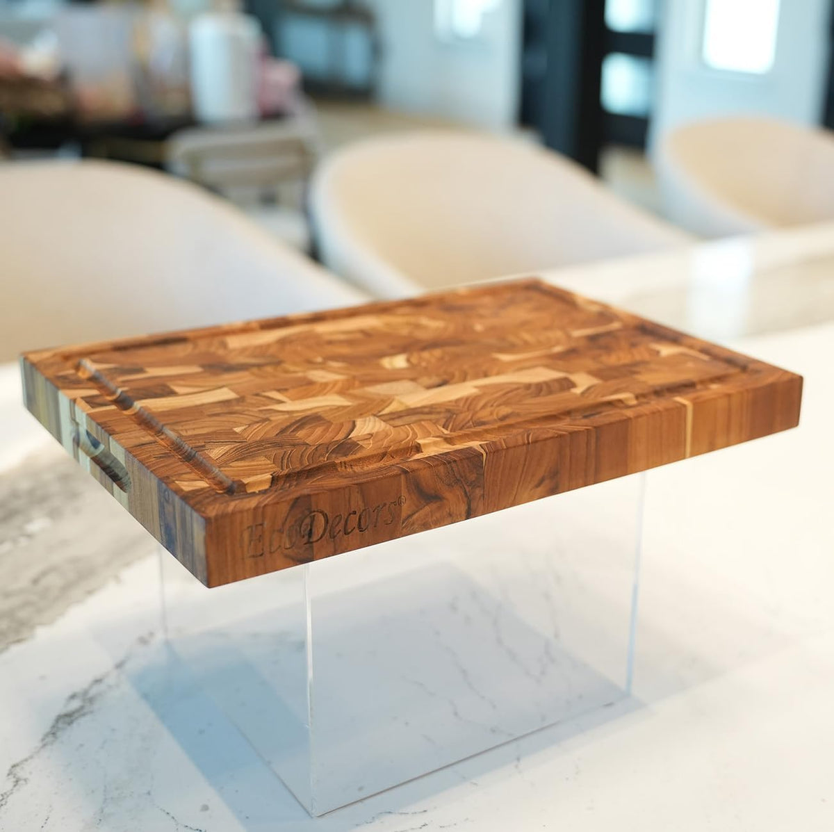 Teak End Grain Cutting Board 17"x18", FSC Teakwood Butcher Block with Juice Groove, Waste Chute & Handles, Solid Wood Cutting Board for Kitchen, Carving & Stove-Top Prep
