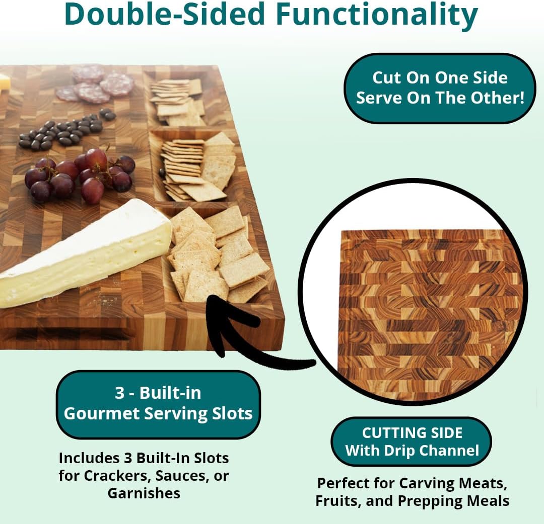Teak End Grain Cutting Board 17"x18", FSC Teakwood Butcher Block with Juice Groove, Waste Chute & Handles, Solid Wood Cutting Board for Kitchen, Carving & Stove-Top Prep