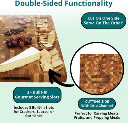Teak End Grain Cutting Board 17"x18", FSC Teakwood Butcher Block with Juice Groove, Waste Chute & Handles, Solid Wood Cutting Board for Kitchen, Carving & Stove-Top Prep