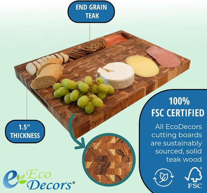 Teak End Grain Cutting Board 17"x18", FSC Teakwood Butcher Block with Juice Groove, Waste Chute & Handles, Solid Wood Cutting Board for Kitchen, Carving & Stove-Top Prep
