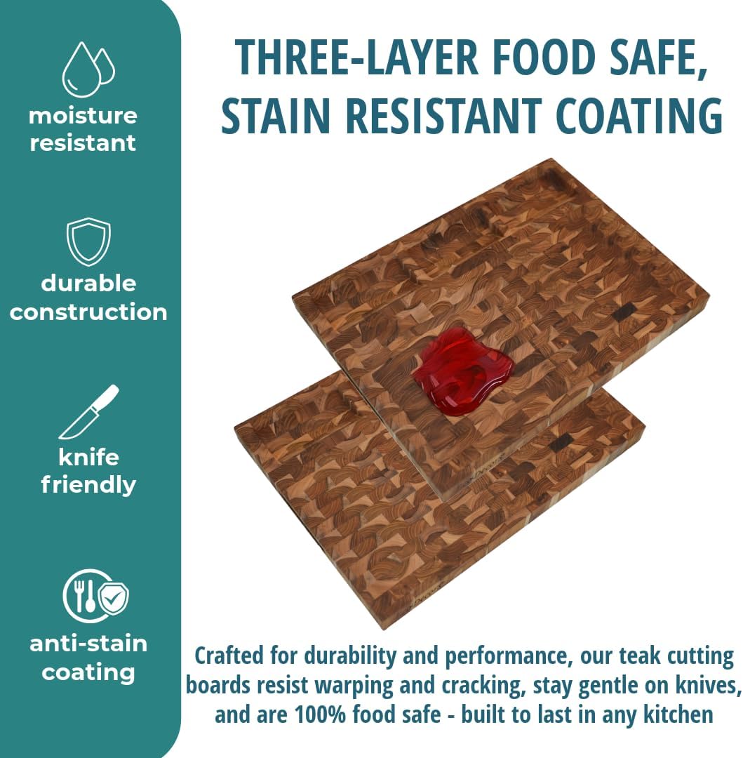 Teak End Grain Cutting Board 17"x18", FSC Teakwood Butcher Block with Juice Groove, Waste Chute & Handles, Solid Wood Cutting Board for Kitchen, Carving & Stove-Top Prep