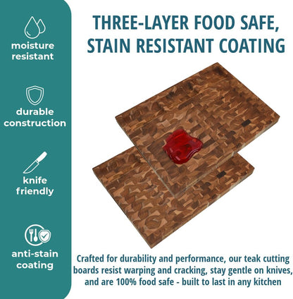 Teak End Grain Cutting Board 17"x18", FSC Teakwood Butcher Block with Juice Groove, Waste Chute & Handles, Solid Wood Cutting Board for Kitchen, Carving & Stove-Top Prep