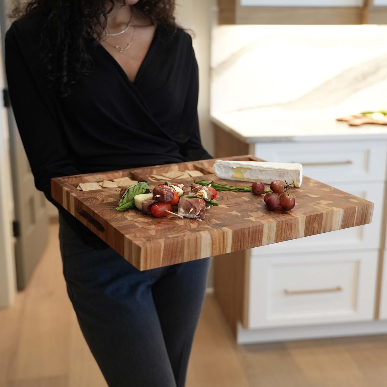 Teak End Grain Cutting Board 17"x18", FSC Teakwood Butcher Block with Juice Groove, Waste Chute & Handles, Solid Wood Cutting Board for Kitchen, Carving & Stove-Top Prep