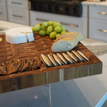 Teak End Grain Cutting Board 17"x18", FSC Teakwood Butcher Block with Juice Groove, Waste Chute & Handles, Solid Wood Cutting Board for Kitchen, Carving & Stove-Top Prep