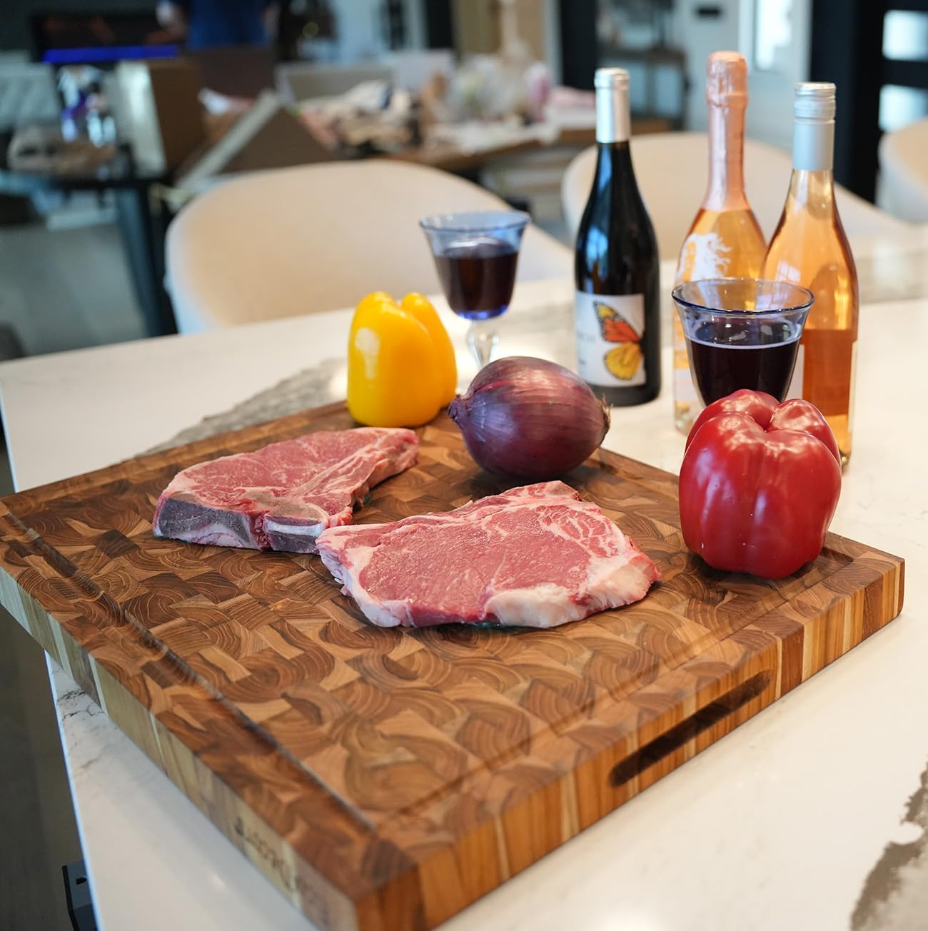Teak End Grain Cutting Board 17"x18", FSC Teakwood Butcher Block with Juice Groove, Waste Chute & Handles, Solid Wood Cutting Board for Kitchen, Carving & Stove-Top Prep