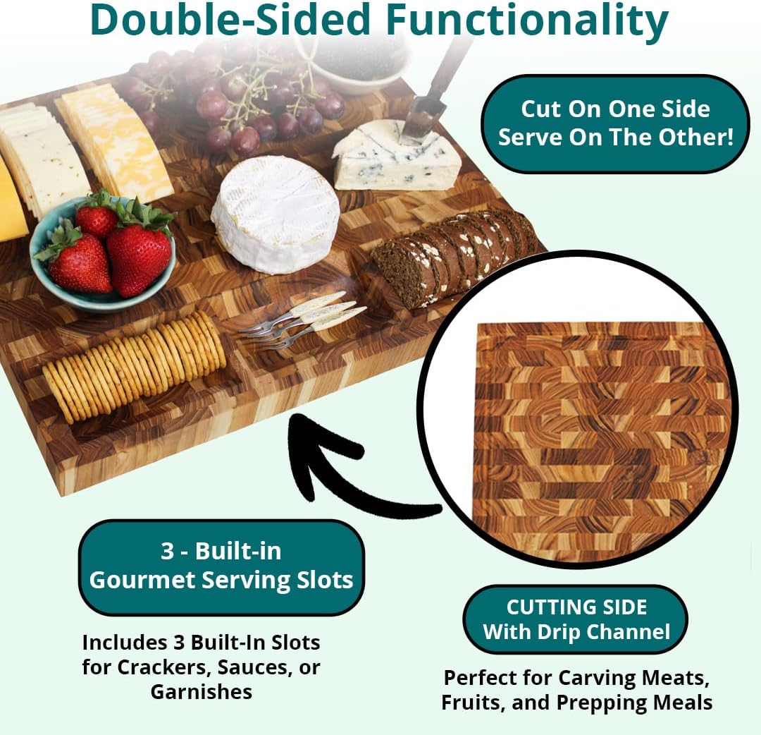 Teak End Grain Cutting Board 17"x18", FSC Teakwood Butcher Block with Juice Groove, Waste Chute & Handles, Solid Wood Cutting Board for Kitchen, Carving & Stove-Top Prep