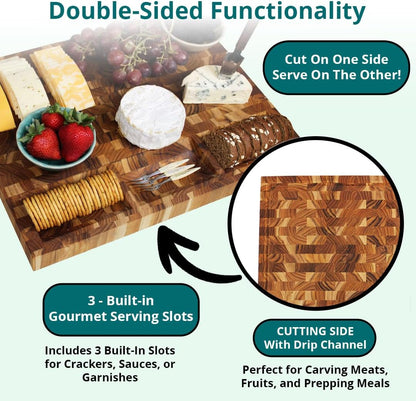 Teak End Grain Cutting Board 17"x18", FSC Teakwood Butcher Block with Juice Groove, Waste Chute & Handles, Solid Wood Cutting Board for Kitchen, Carving & Stove-Top Prep