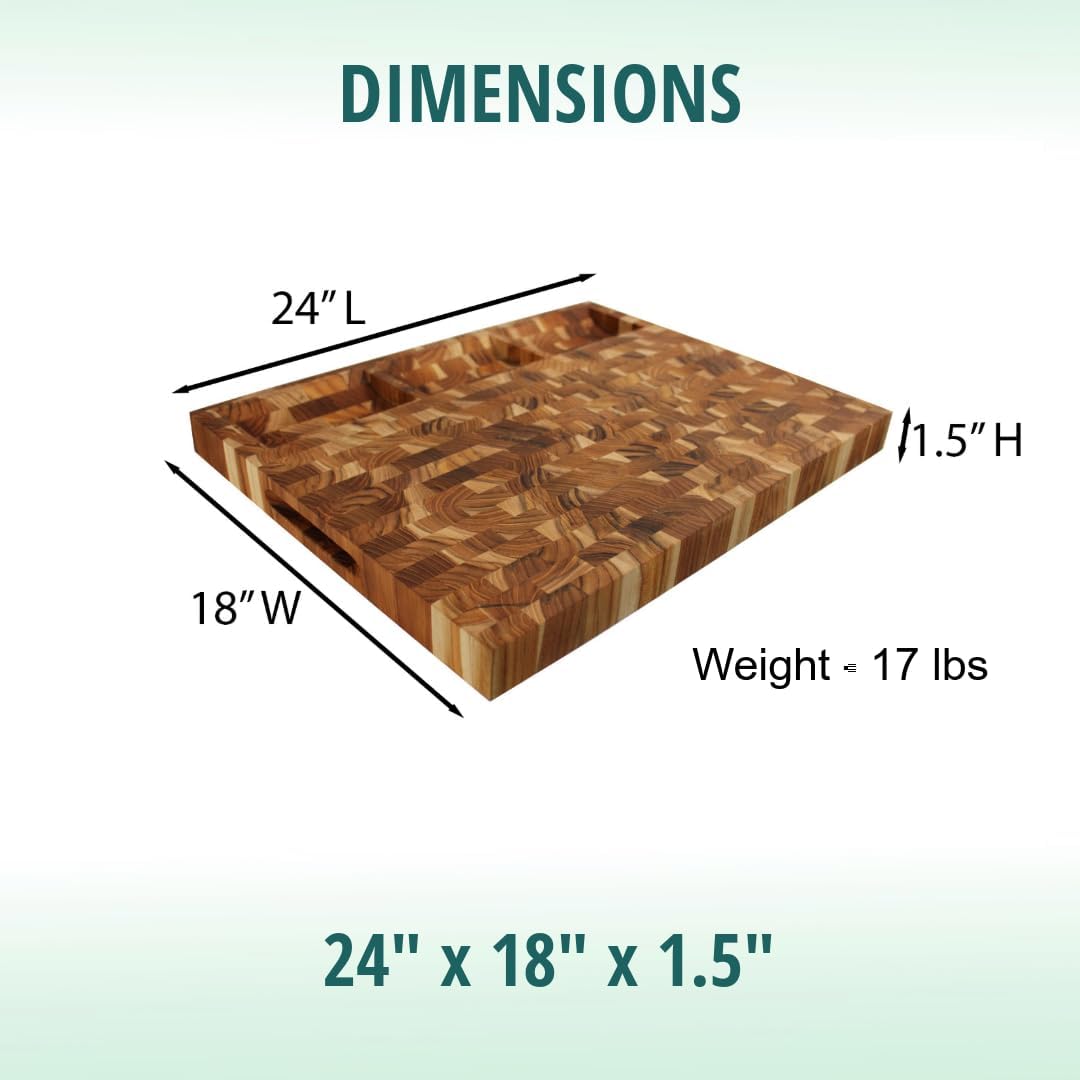 Teak End Grain Cutting Board 17"x18", FSC Teakwood Butcher Block with Juice Groove, Waste Chute & Handles, Solid Wood Cutting Board for Kitchen, Carving & Stove-Top Prep