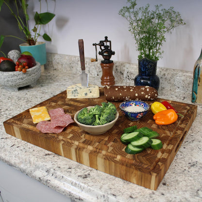 Teak End Grain Cutting Board 17"x18", FSC Teakwood Butcher Block with Juice Groove, Waste Chute & Handles, Solid Wood Cutting Board for Kitchen, Carving & Stove-Top Prep